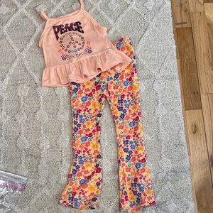 btween Peach Sequin 'Peace' Ruffle Tank with floral pants set